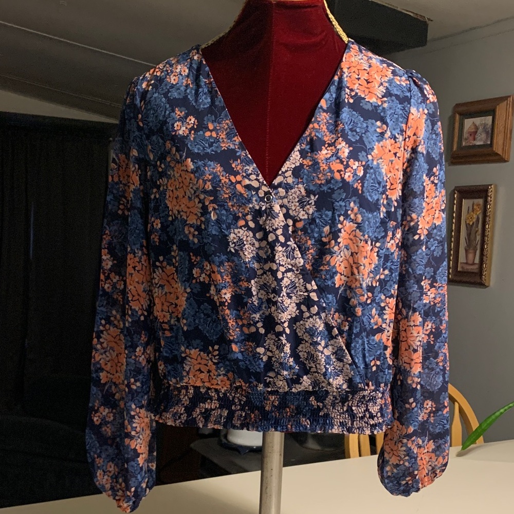 Japan Floral Wrap-Front Long Sleeve Blouse